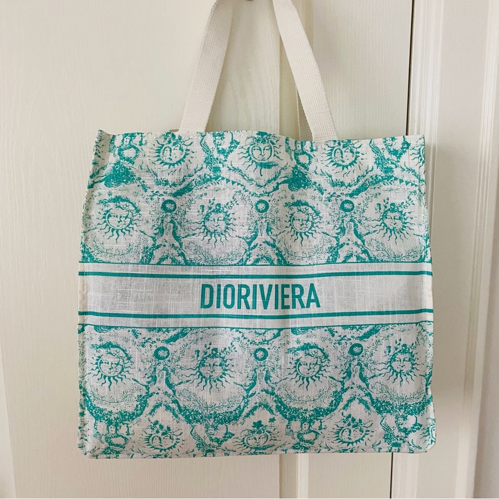 Brand New Christian Dior Green Dioriviera Print Linen Blend Tote Bag XL size - Picture 8 of 14